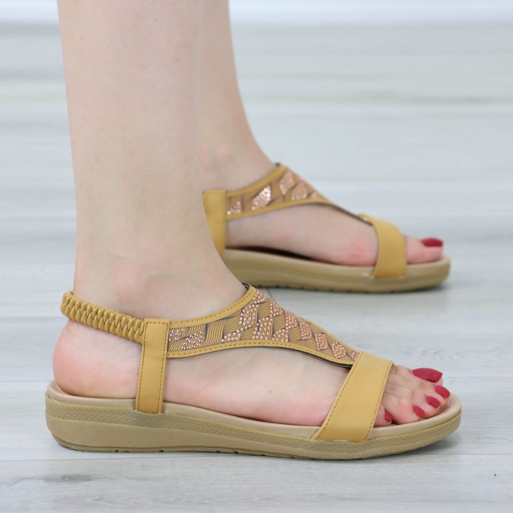 Tan T-Strap Gladiator Comfort Sandal Slip On Sliders - Picture 10 of 13